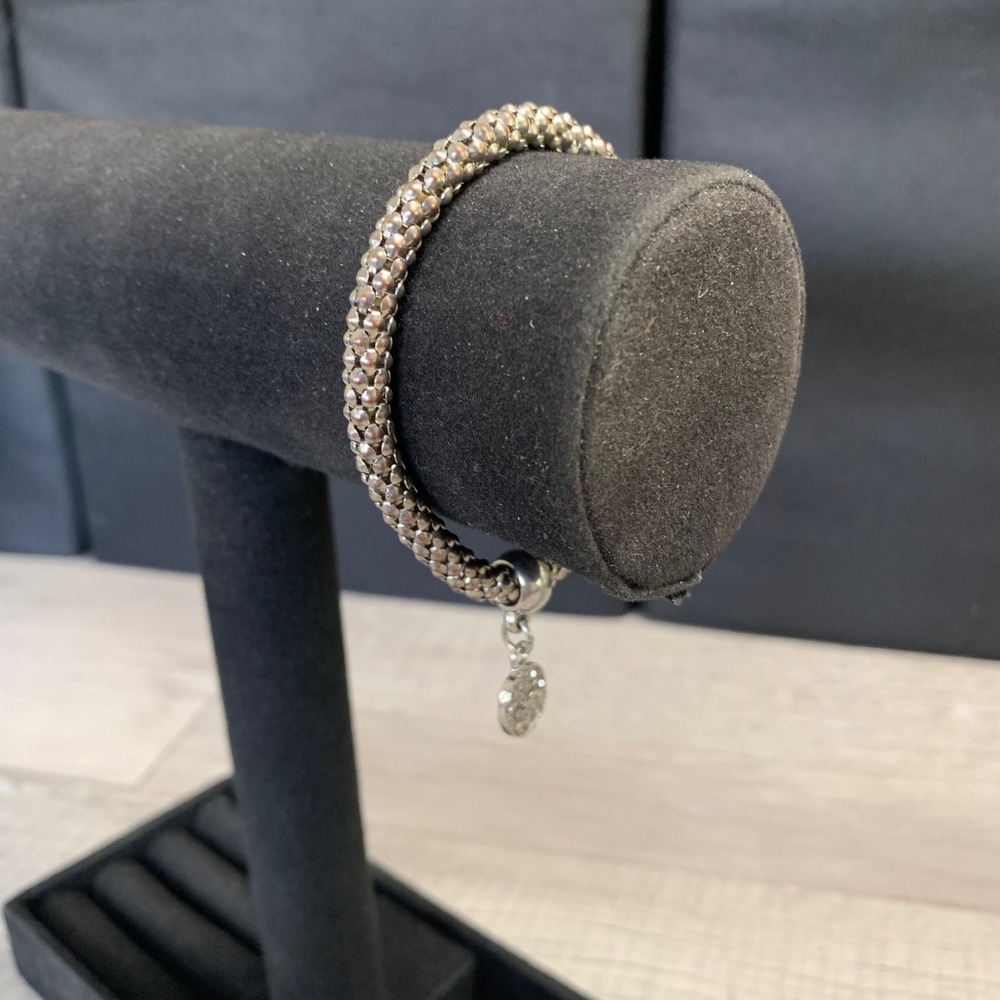 Silver Tone Popcorn Chain Stretch Bracelet Pavé Rhinestone Circle Charm 6.5"